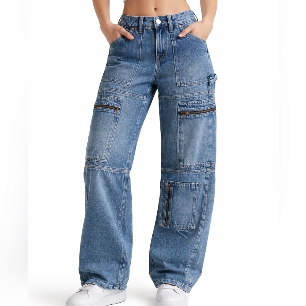 Garage Women's Jeans Size 24 Blue Cotton Denim Cargo Pants Wide Leg Y2K